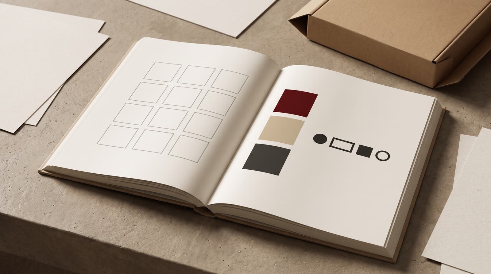 An open brand guidelines book showing a grid system and a column of colour blocks