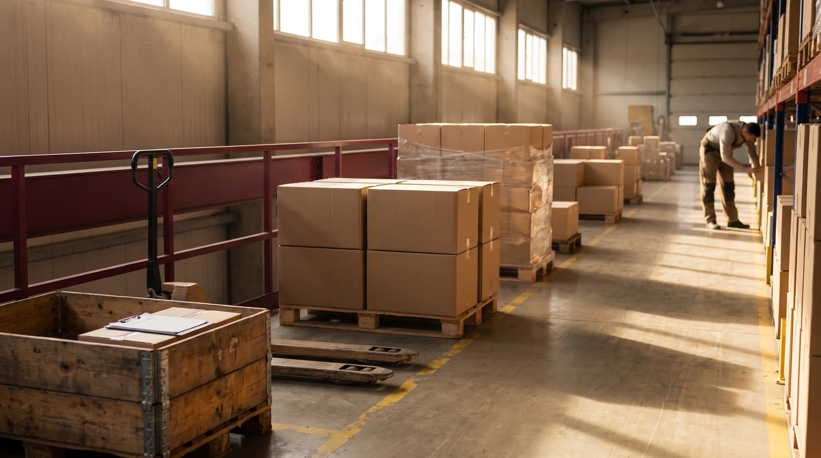 A goods-in area of a warehouse with plain cartons stacked on pallets