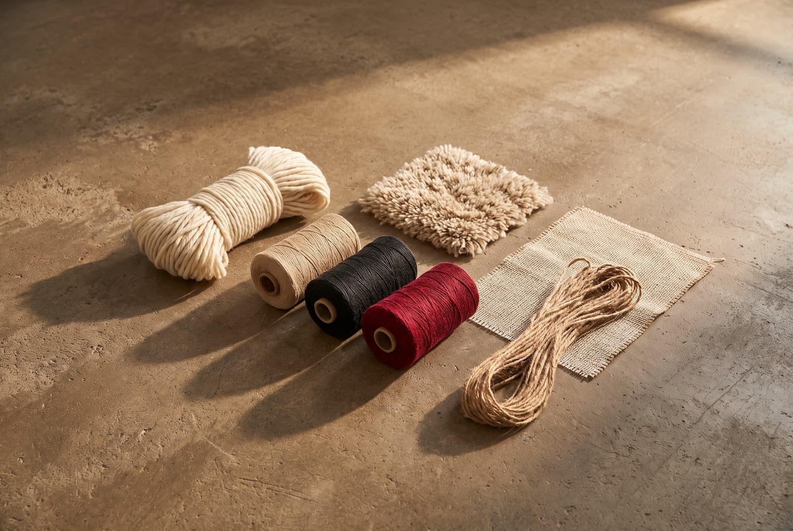 Wool yarn, cones, tufted pile, backing cloth and jute laid out on warm concrete