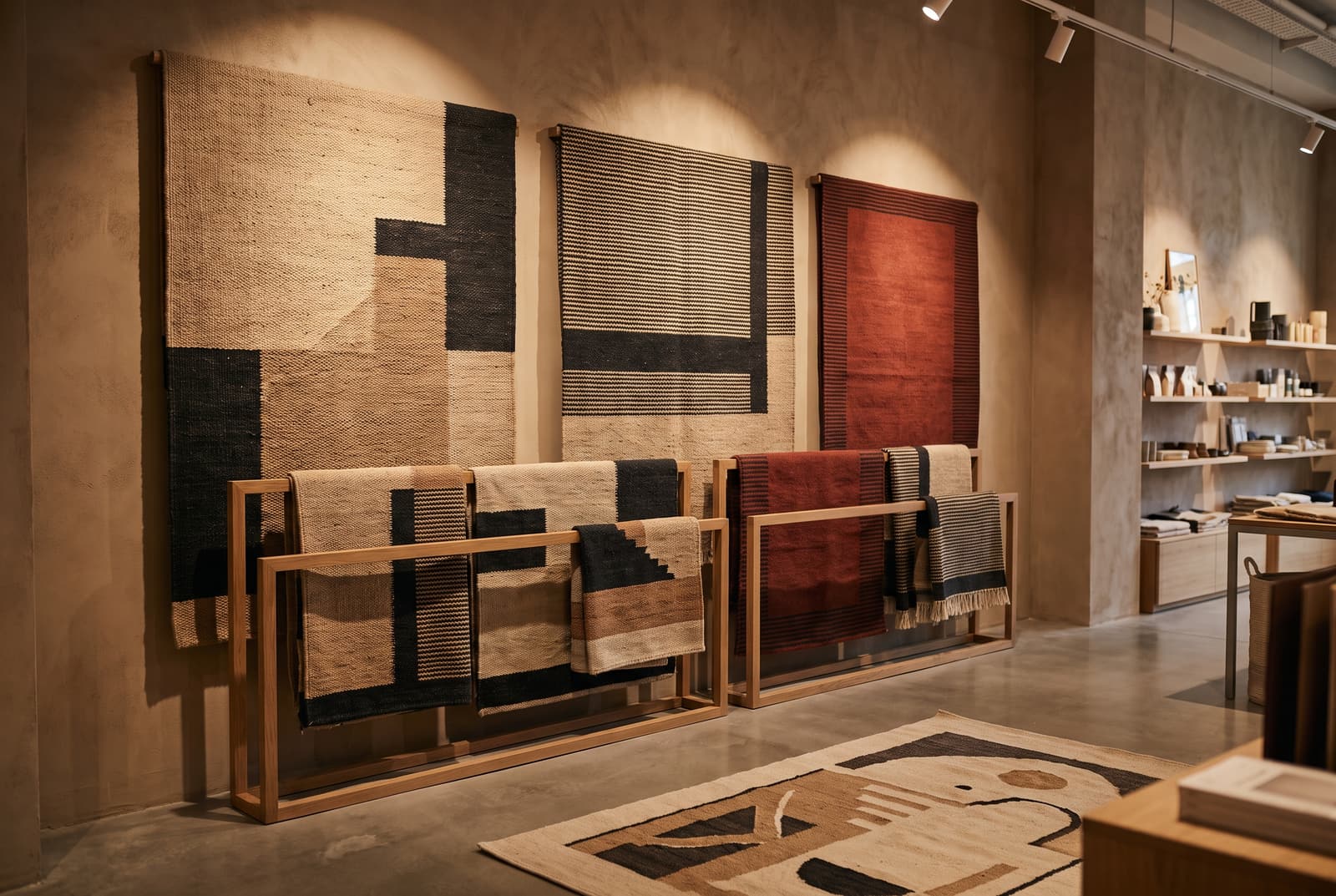 A rug display in a modern home goods store, rugs hung flat and draped on a rail