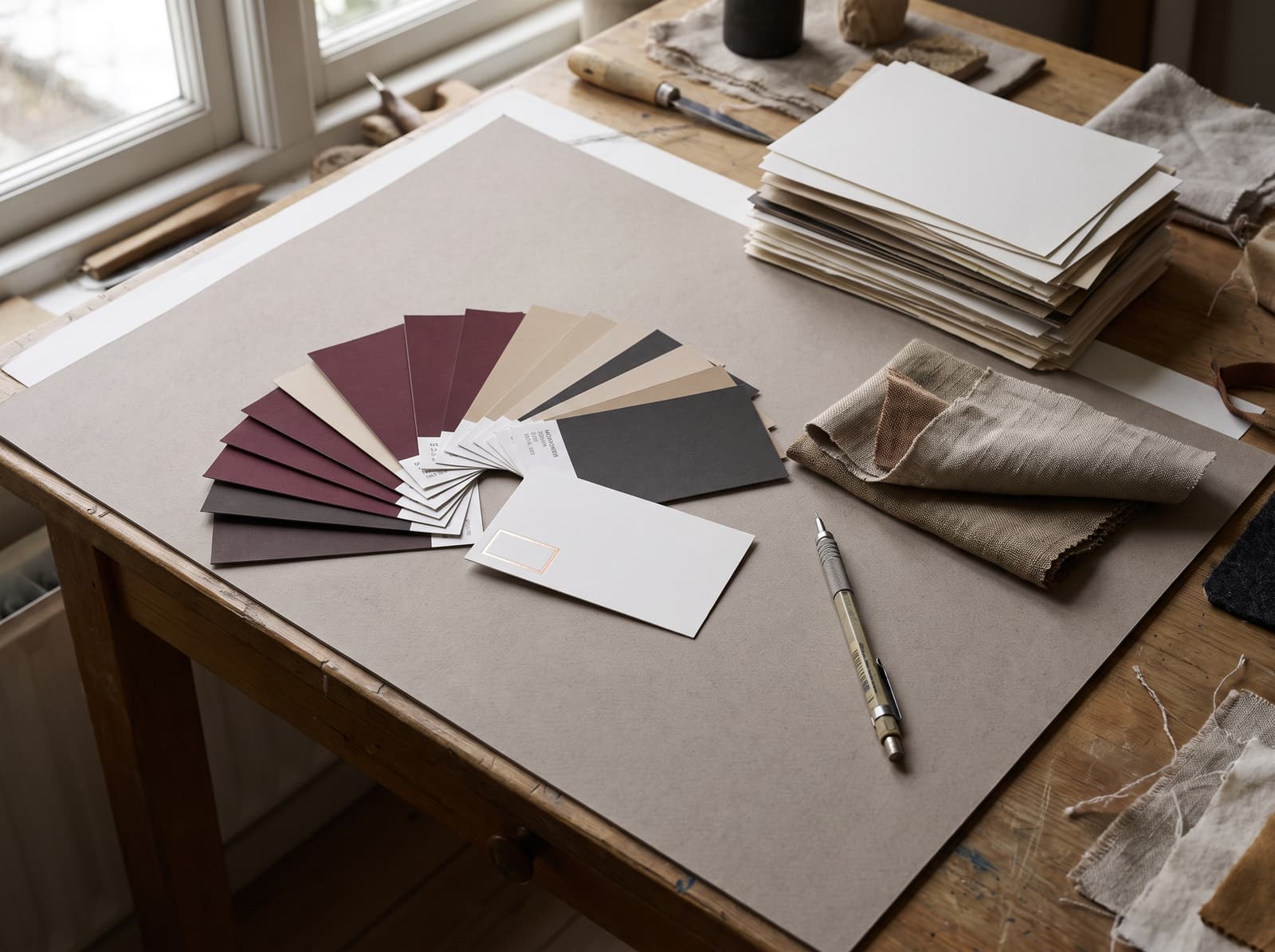 Colour chip cards in burgundy, beige and charcoal fanned across a work surface