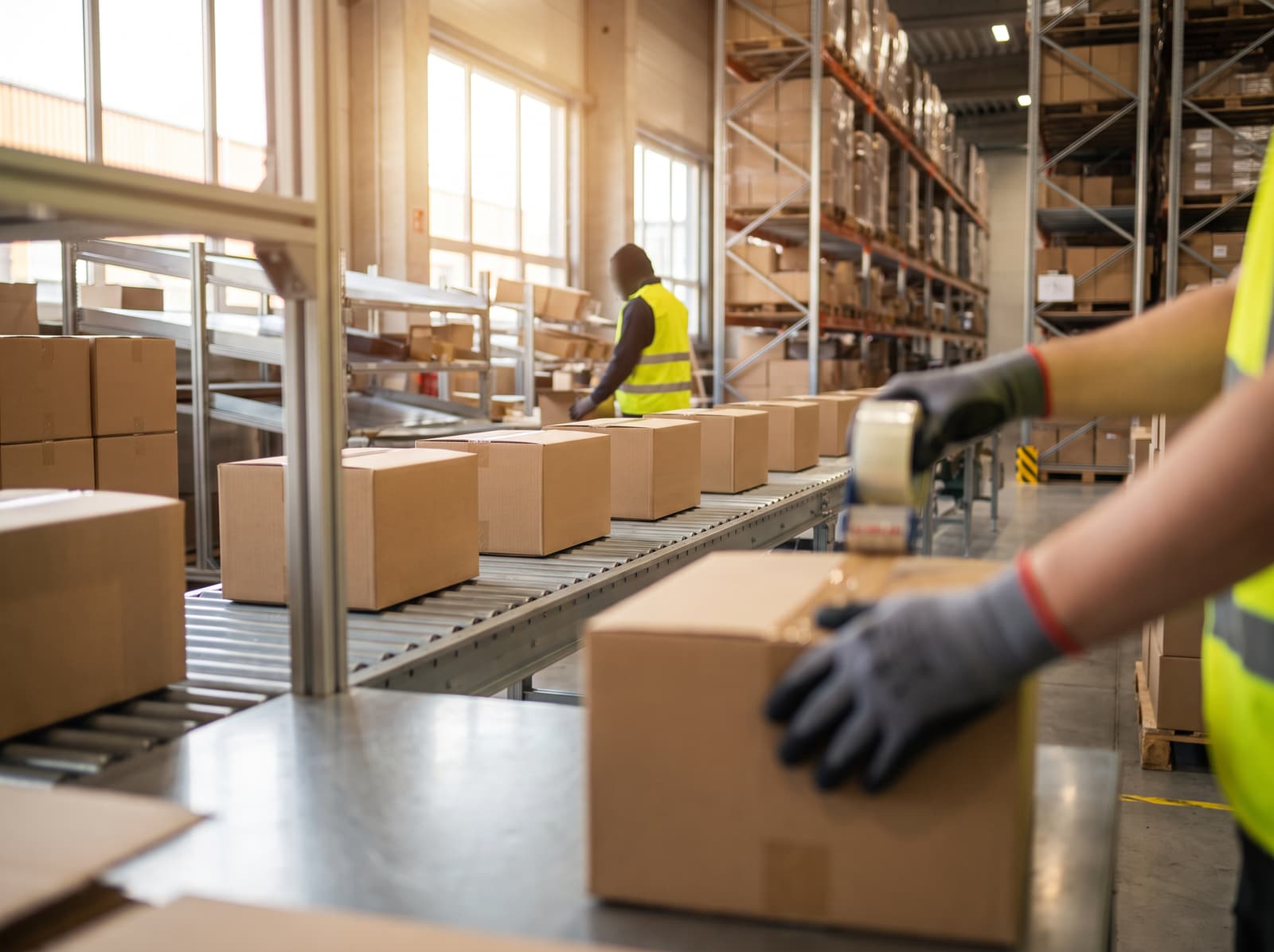 A packing station and conveyor of cartons in a fulfilment centre