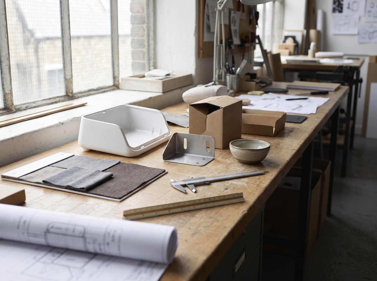 A development bench with prototypes of several different product types