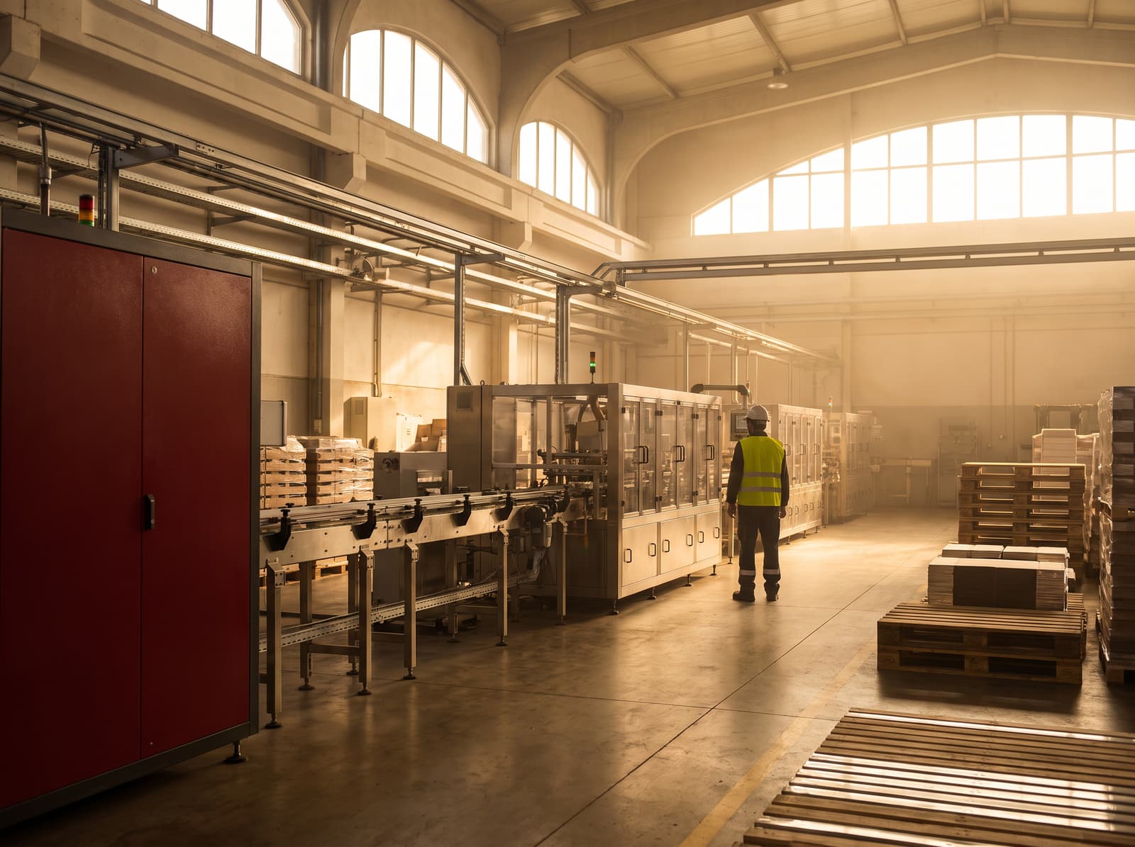 A modern manufacturing floor with production lines receding into the distance
