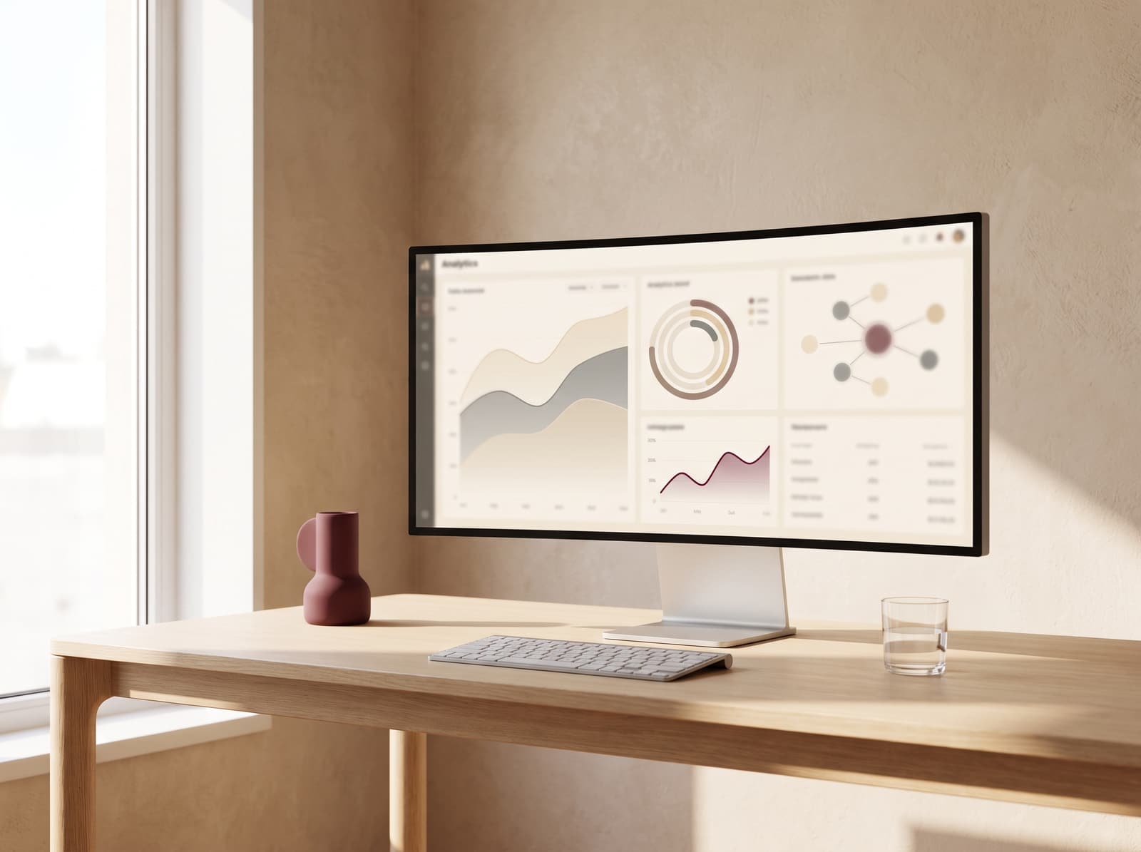 A widescreen monitor showing a clean analytics interface on a pale oak desk