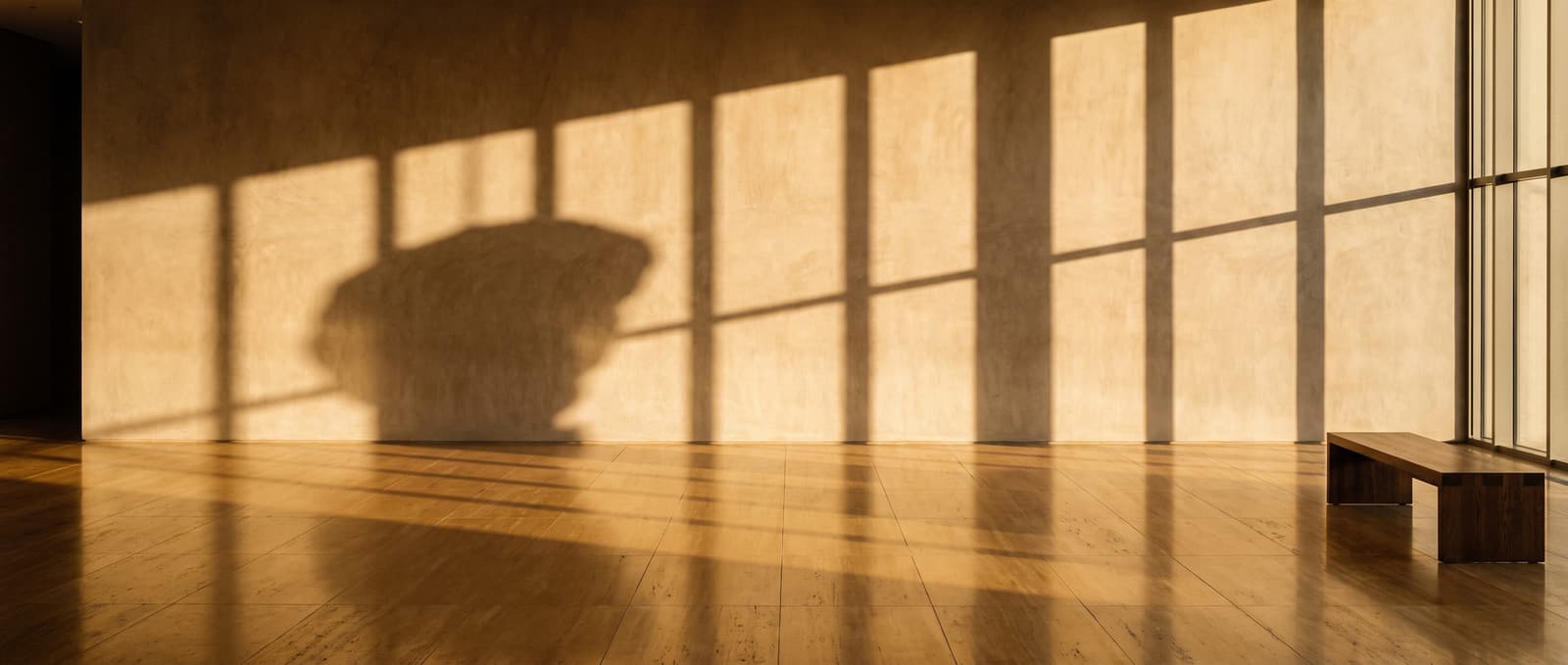 A plaster wall crossed by the long shadow of a window grid