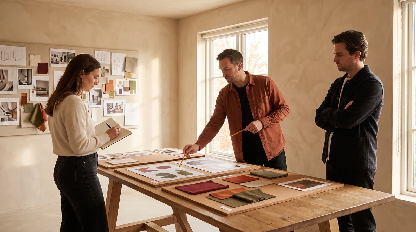 Three people reviewing several brand identity boards laid out on a table