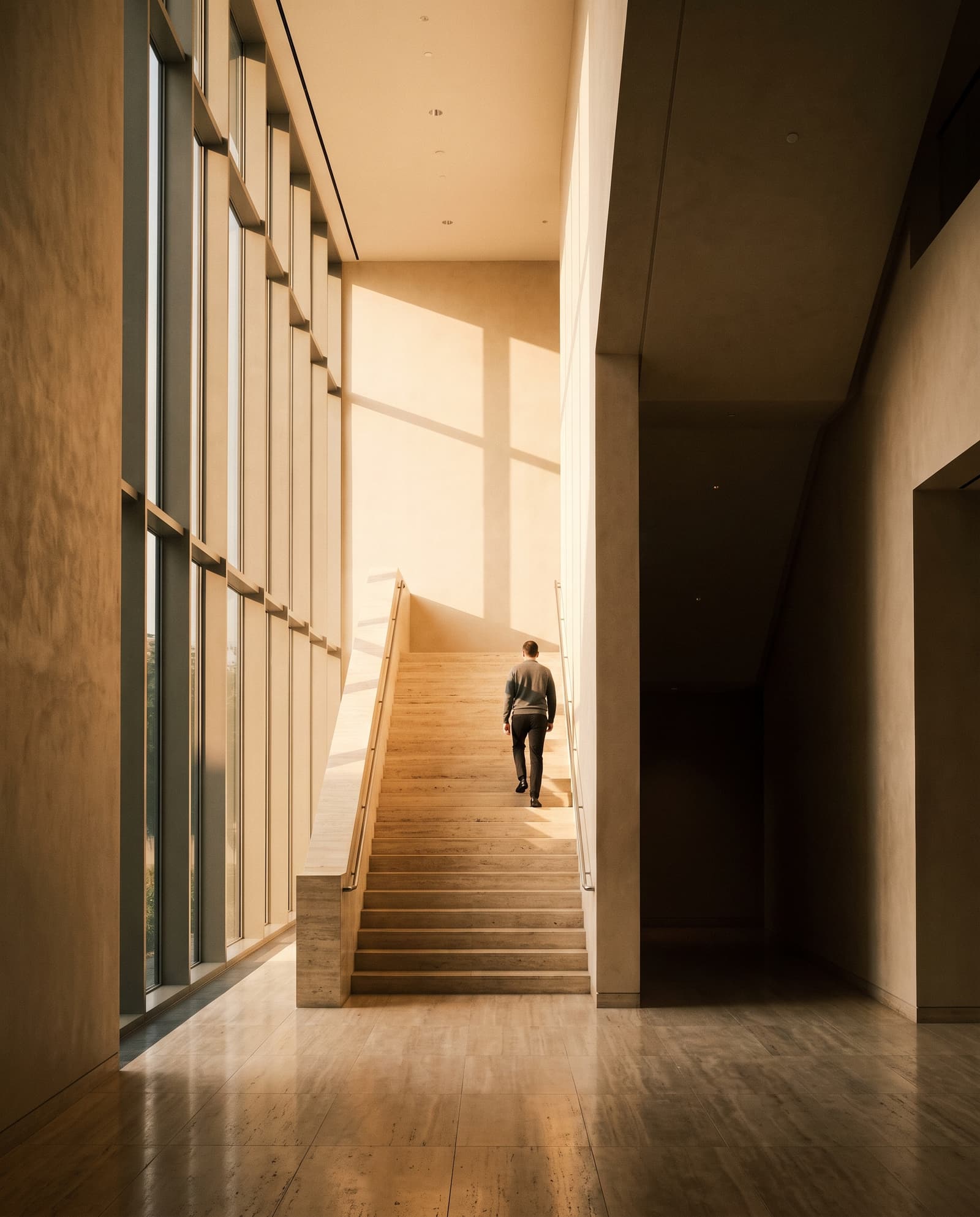 A travertine staircase rising through the atrium of a modern headquarters