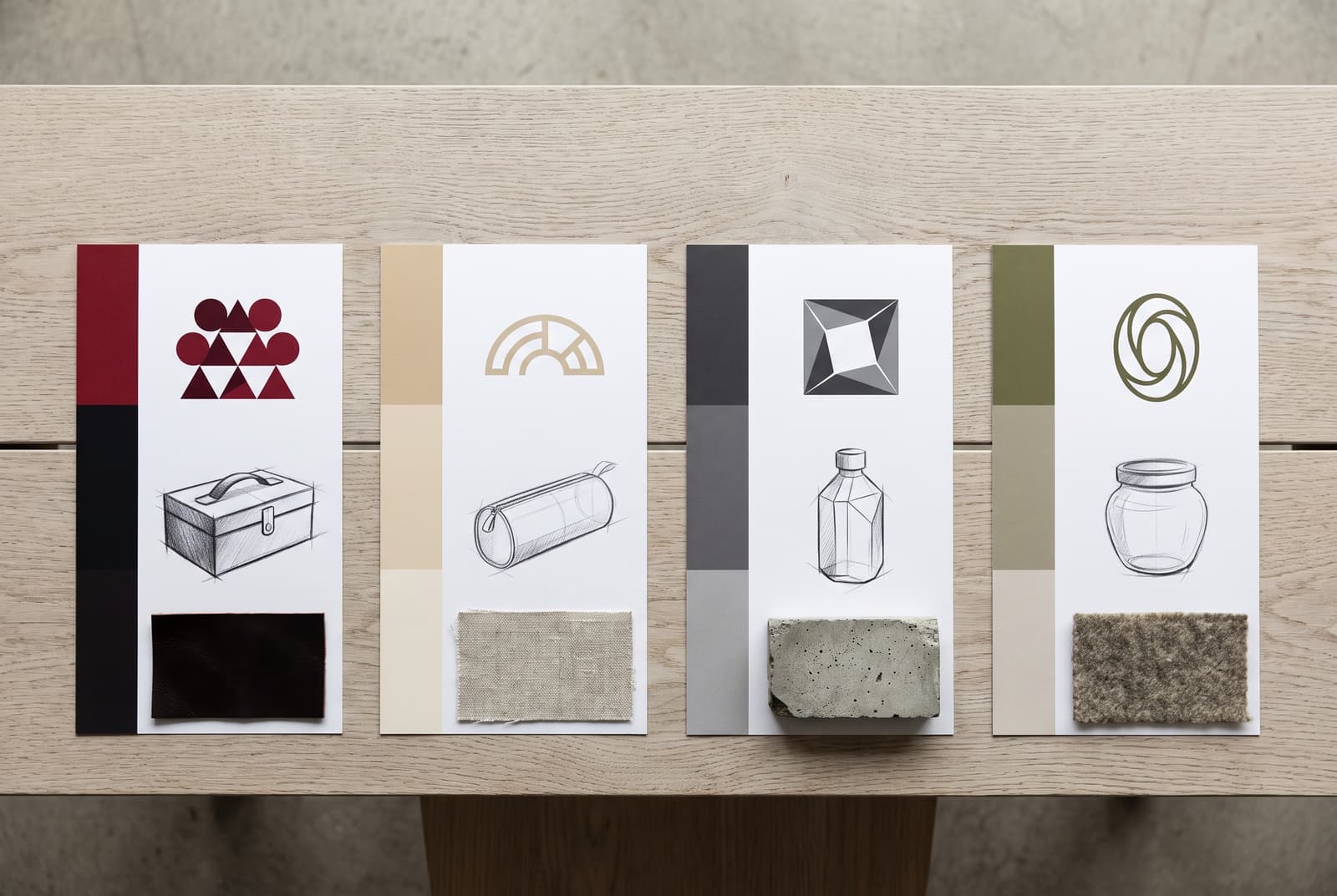Four different brand identity boards laid side by side on one table