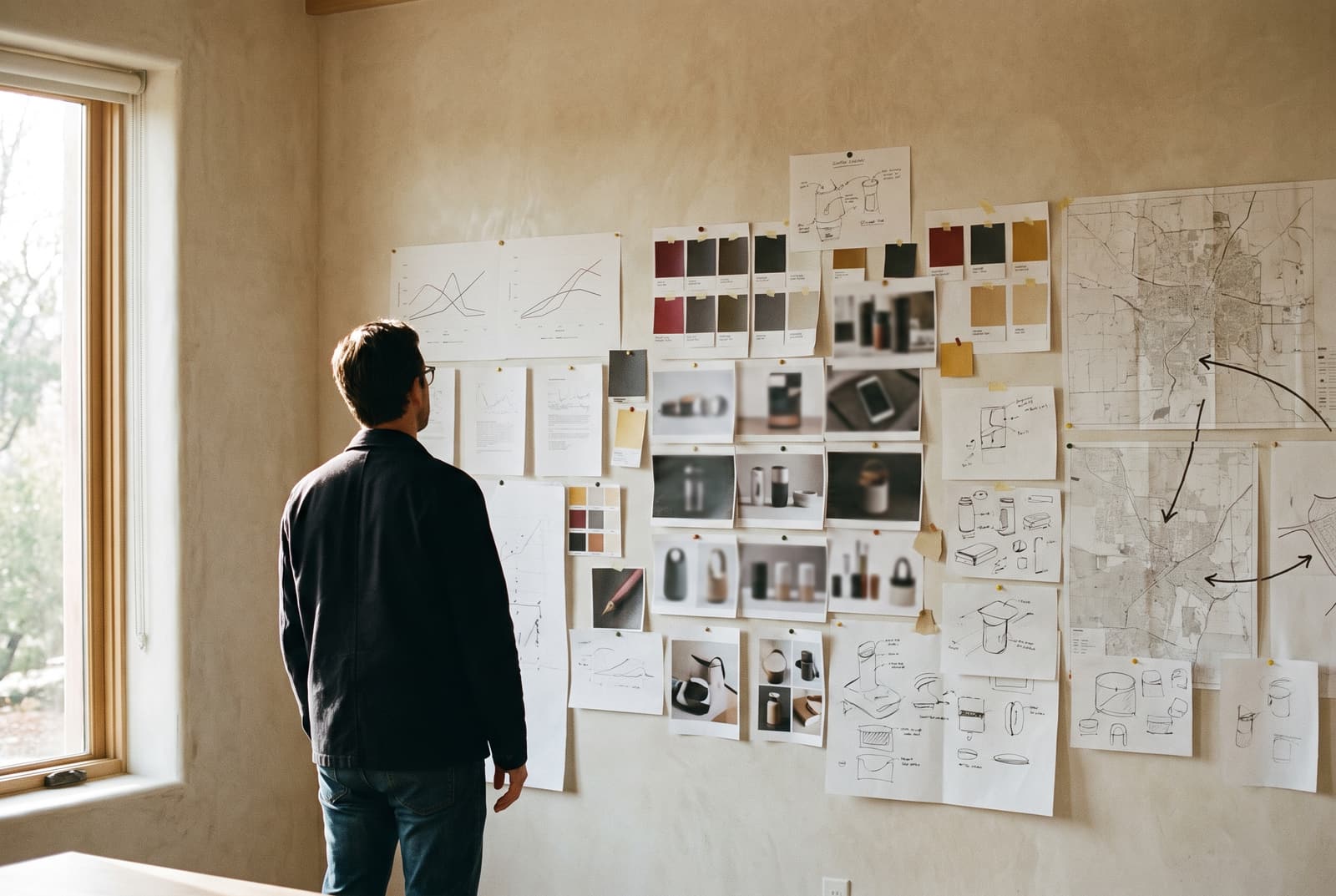 A wall of pinned market research and concept work, with someone studying it