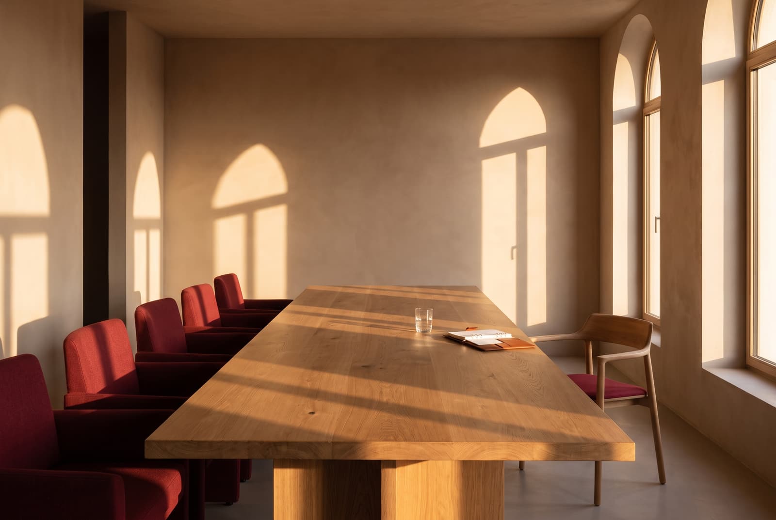A long meeting table in warm light with one chair pulled out