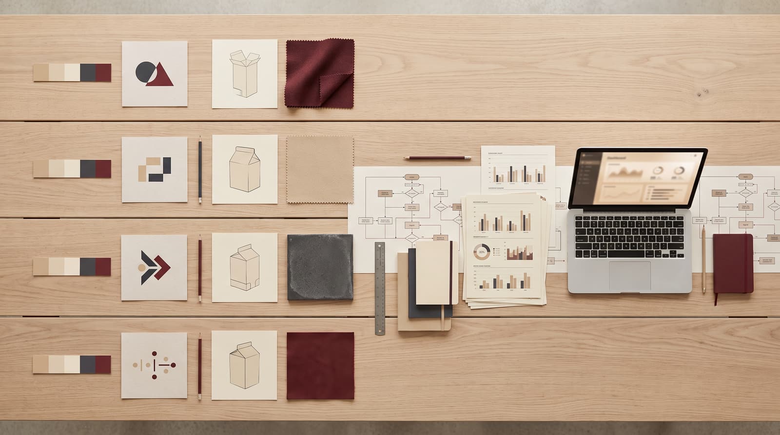 Four separate brand projects laid out in parallel lanes over one shared band of systems work