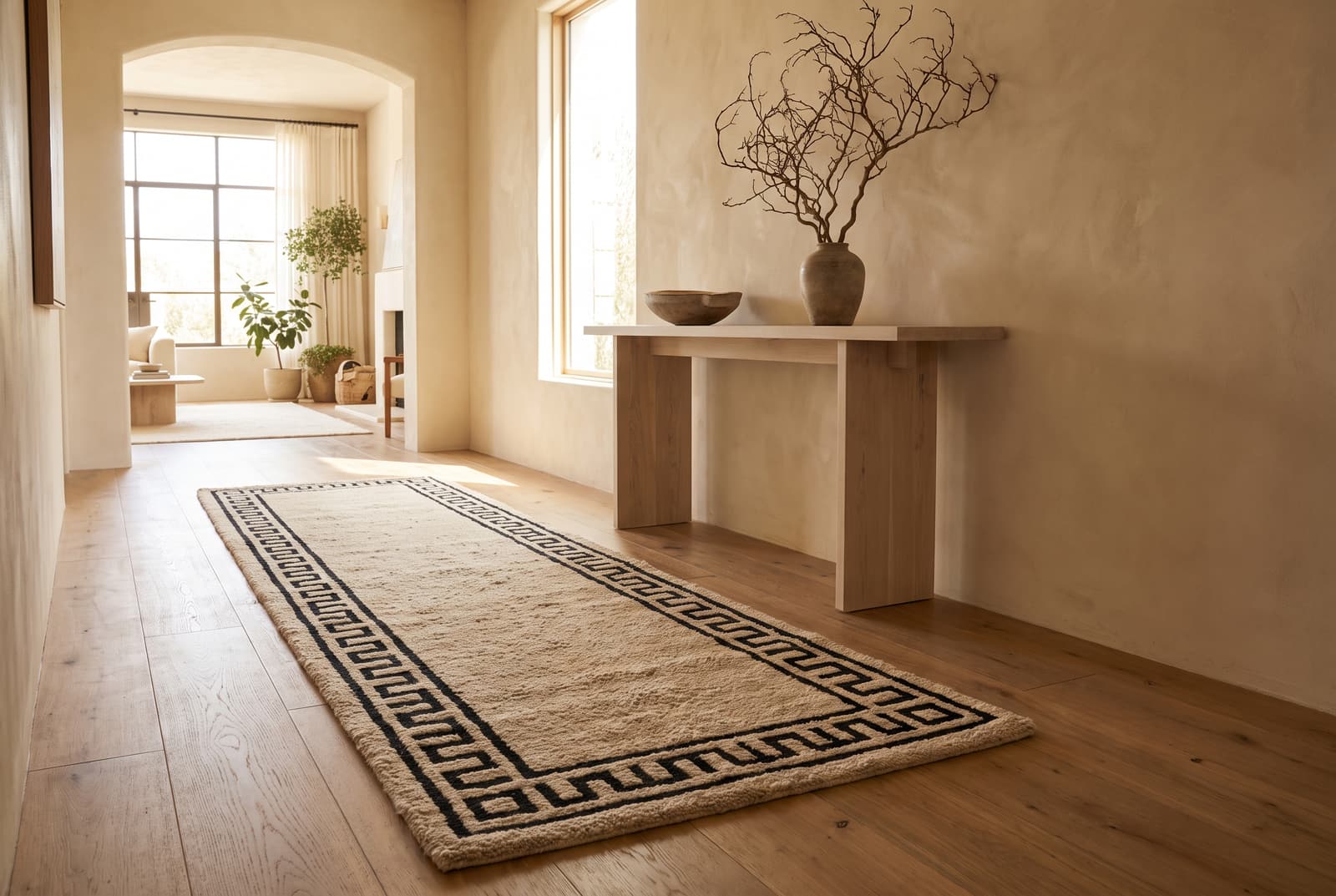 A contemporary hallway anchored by a tufted runner rug on oak flooring