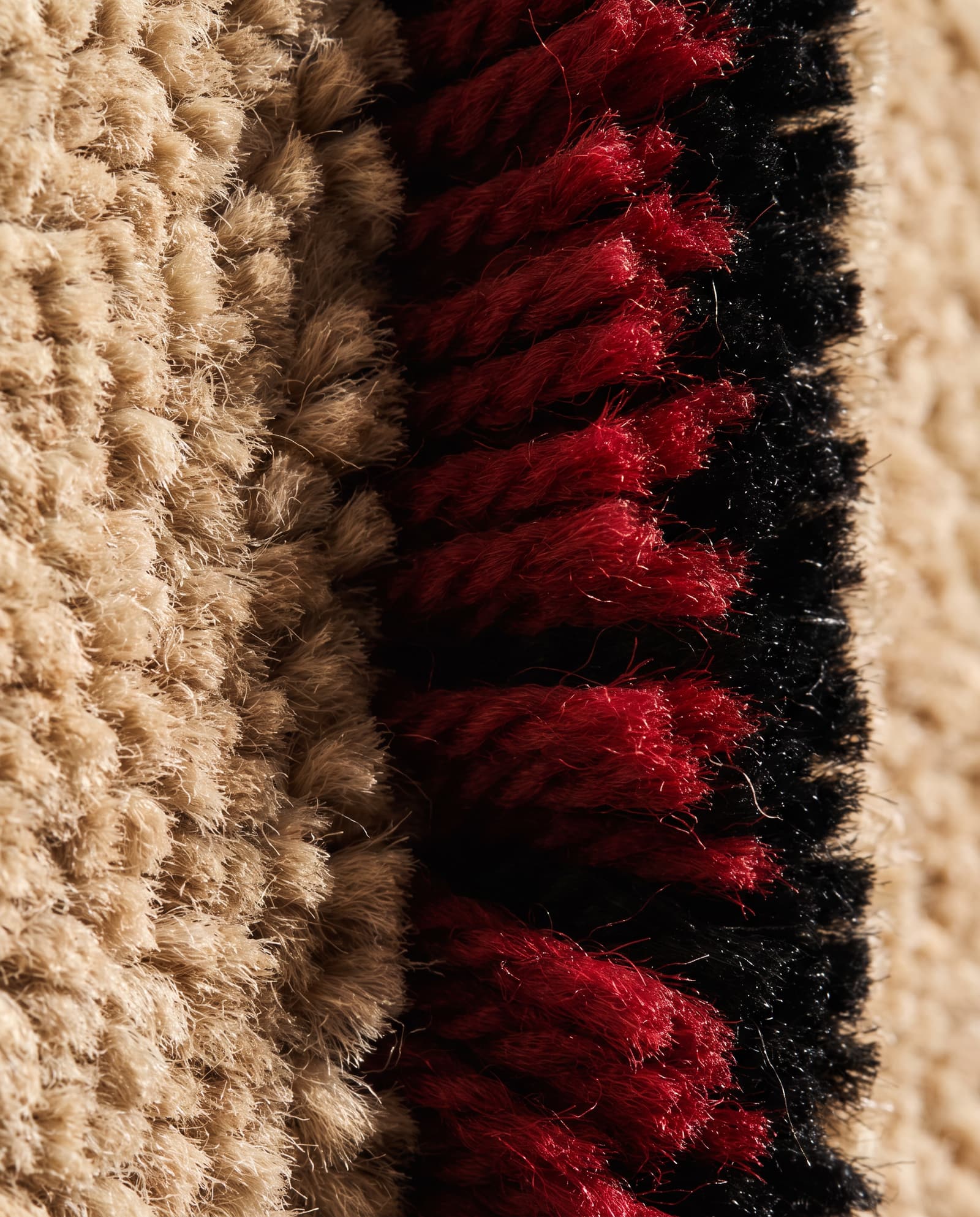 Macro of tufted rug pile where sand beige meets deep red and black yarn