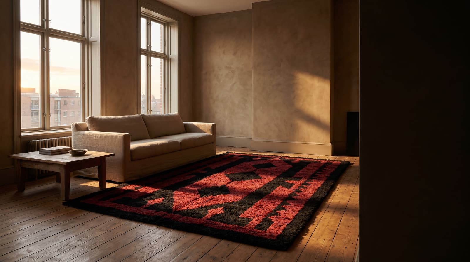 A bold red and black tufted rug anchoring a contemporary living room