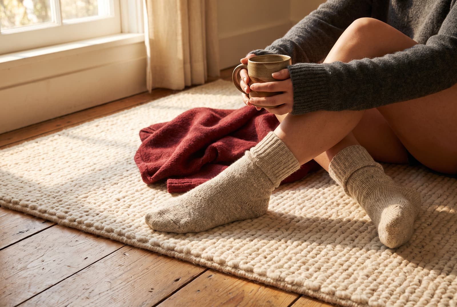 Someone sitting on a tufted rug at home holding a mug