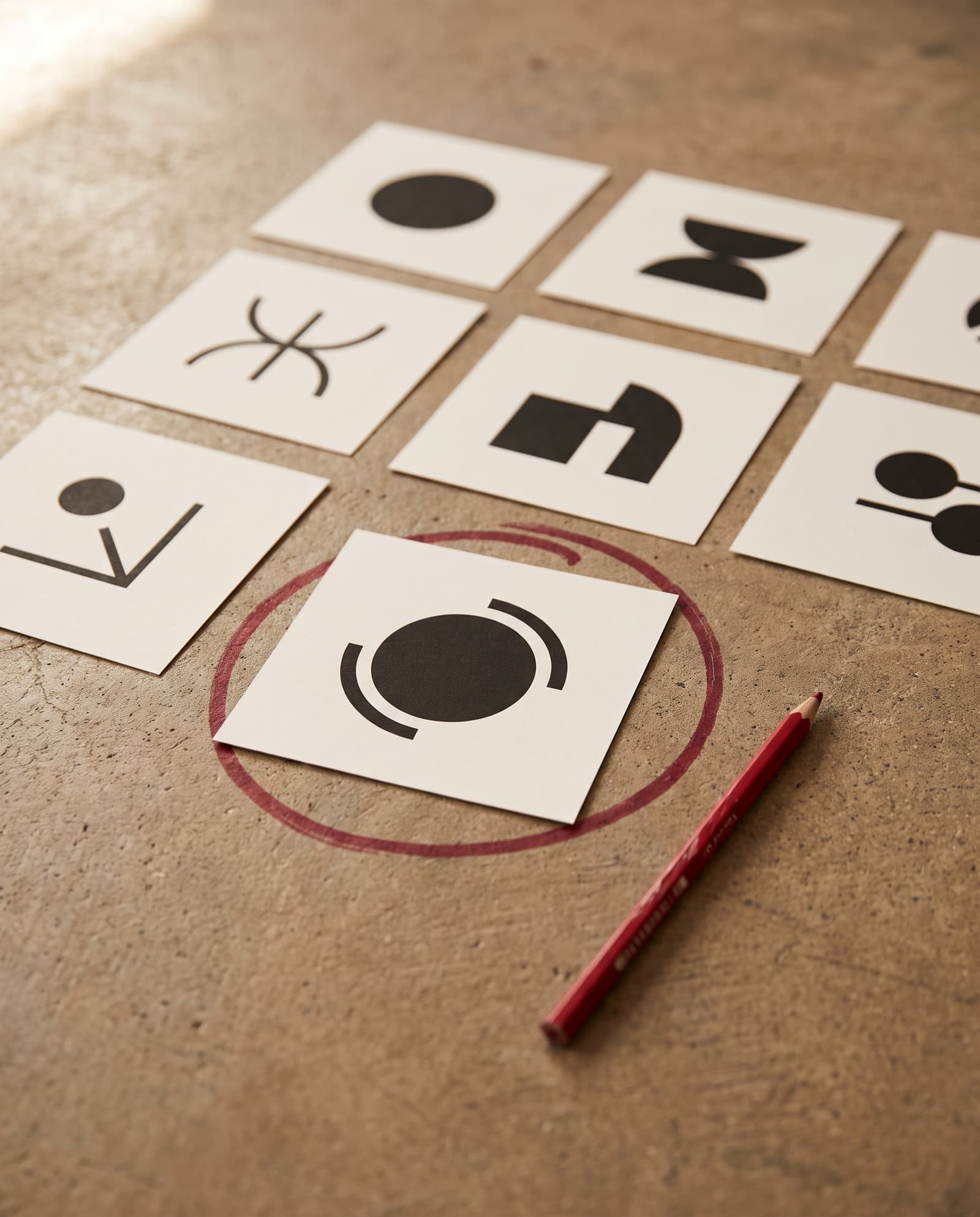 A grid of concept marks with one ringed in red