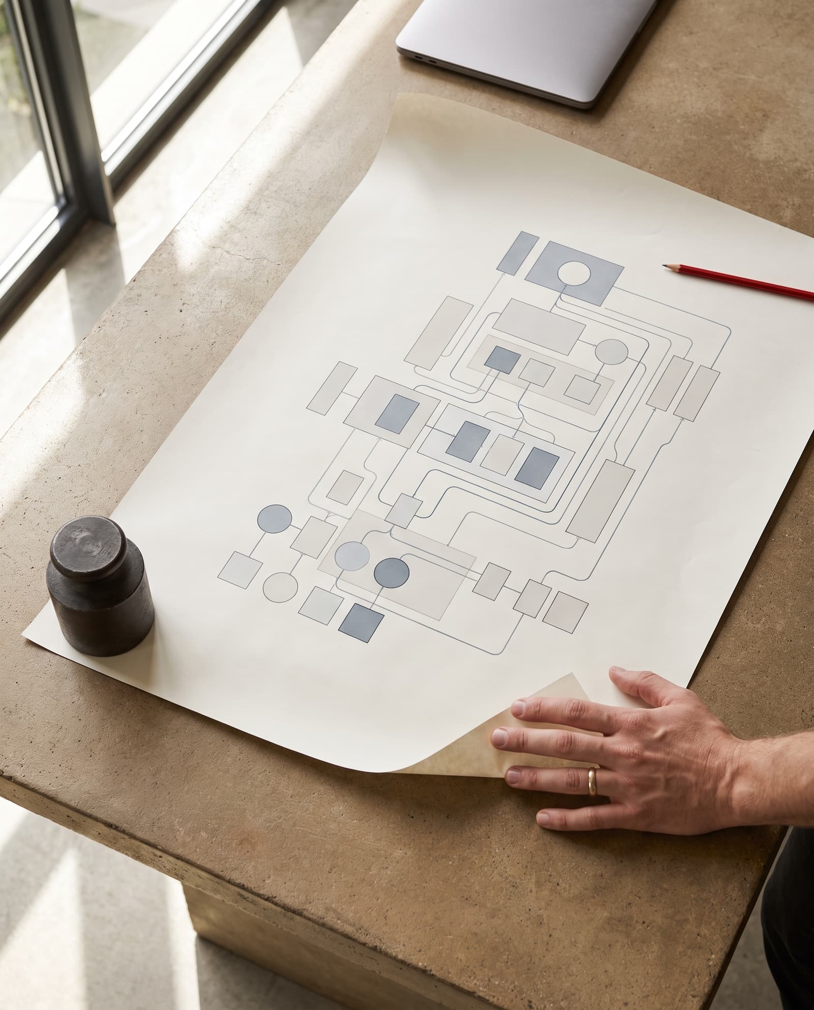 A printed system diagram unrolled across a table
