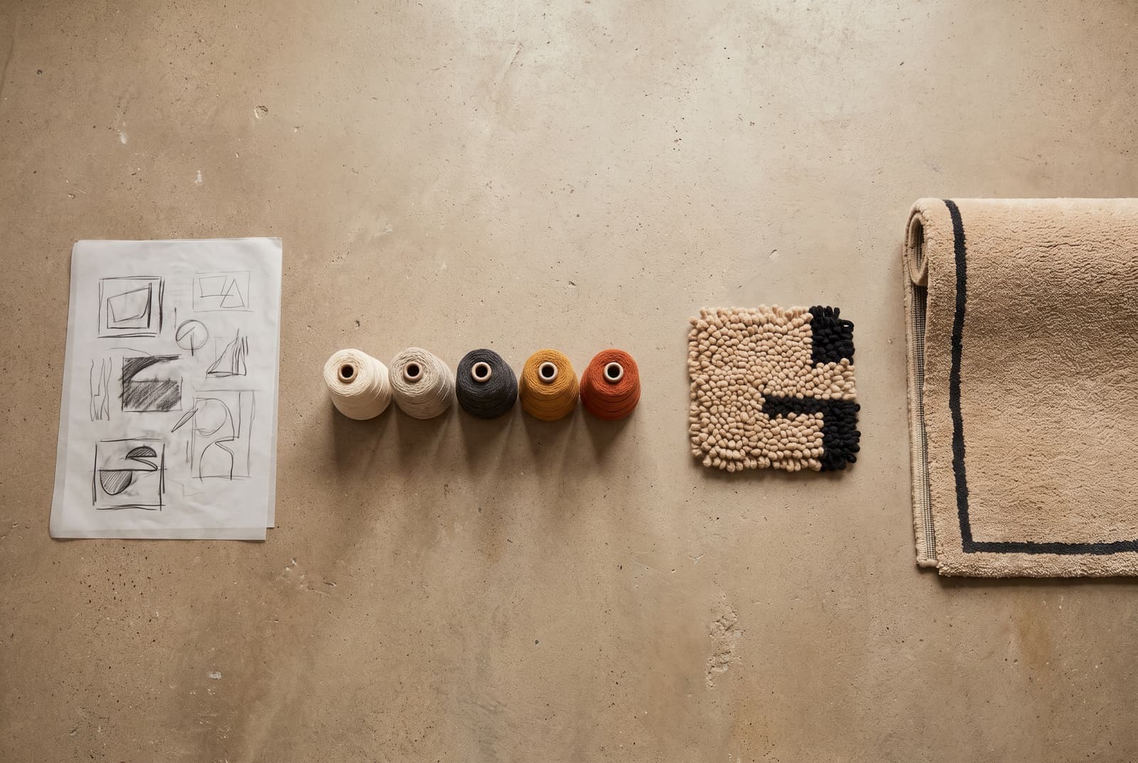 A sketch, yarn cones, a tufted swatch and a finished rug laid out in progression