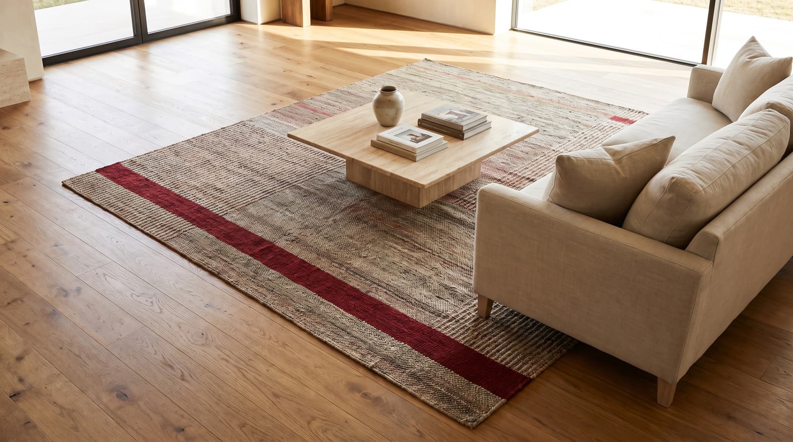 A tufted rug on oak flooring with a coffee table and sofa showing its scale in a room