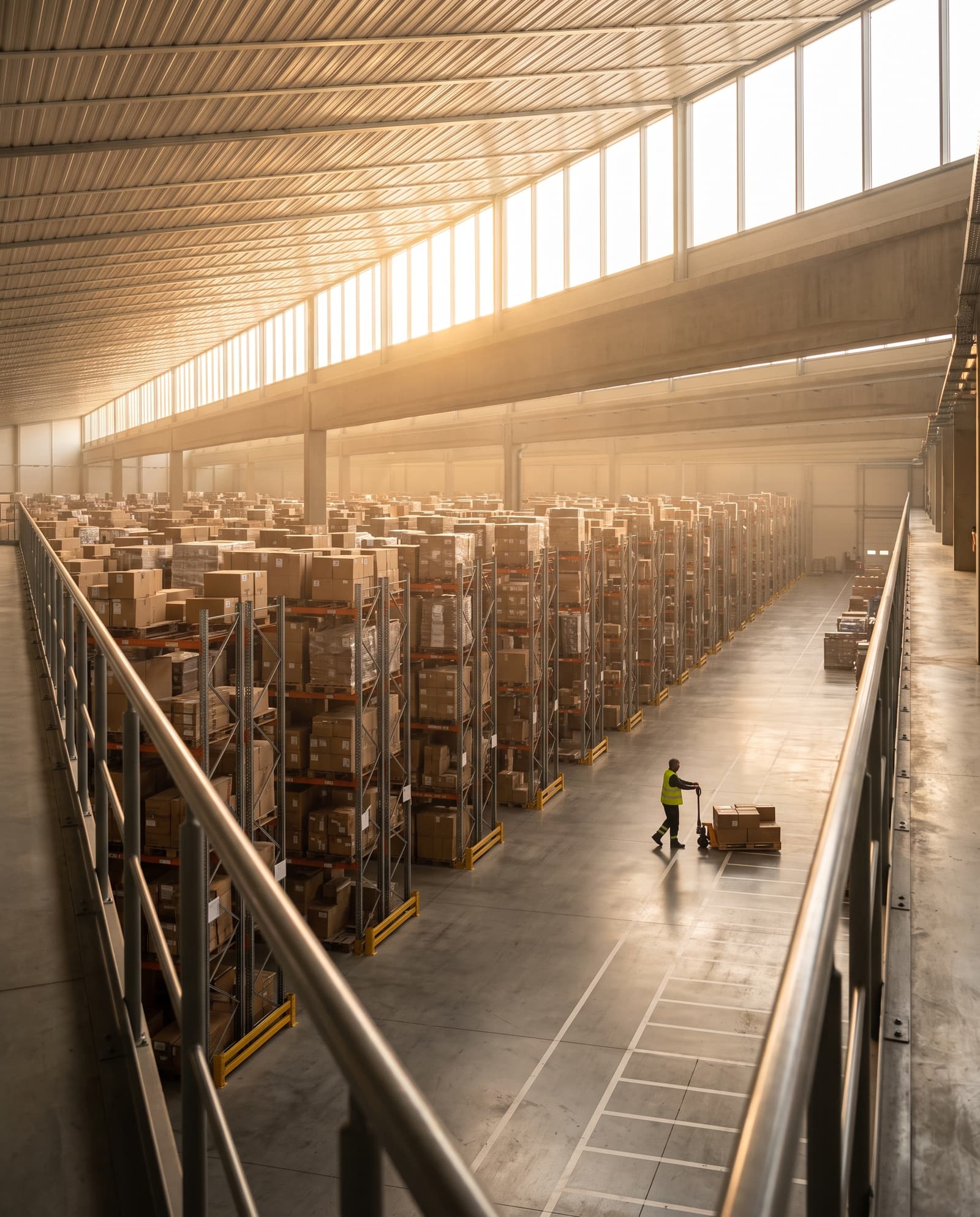 Rows of kraft cartons receding through a warm-lit warehouse