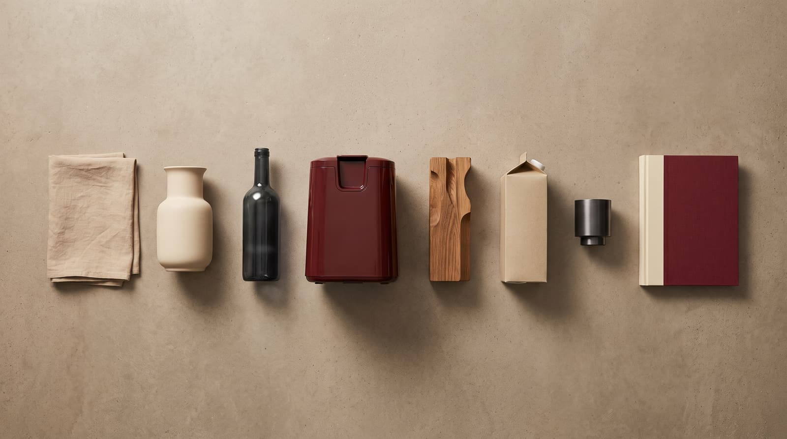A single line of unrelated products sharing one restrained palette