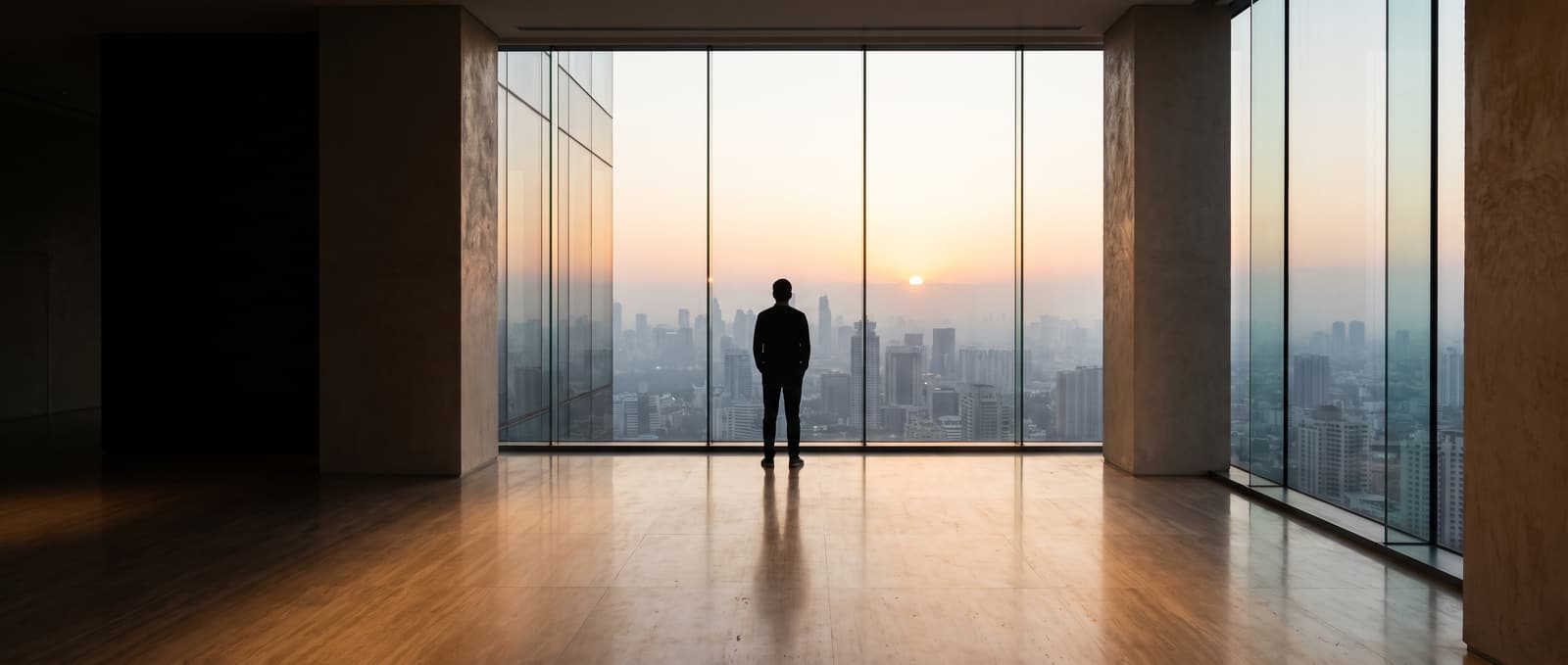 A figure at a high window as the sun breaks the horizon