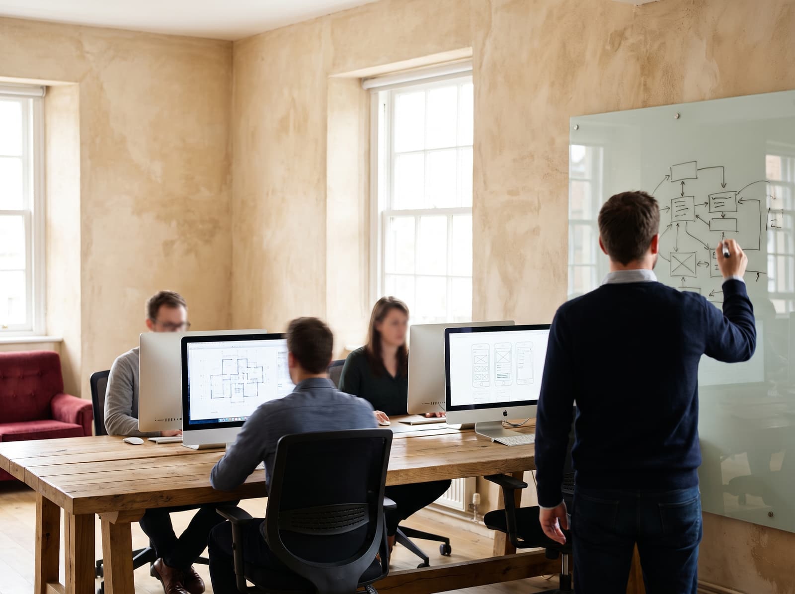 A team building a system across monitors and a glass board