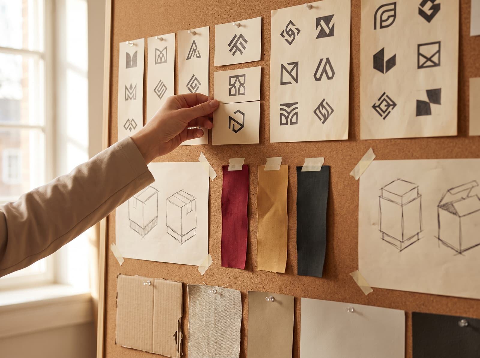 A concept wall of abstract mark explorations and colour directions being pinned up