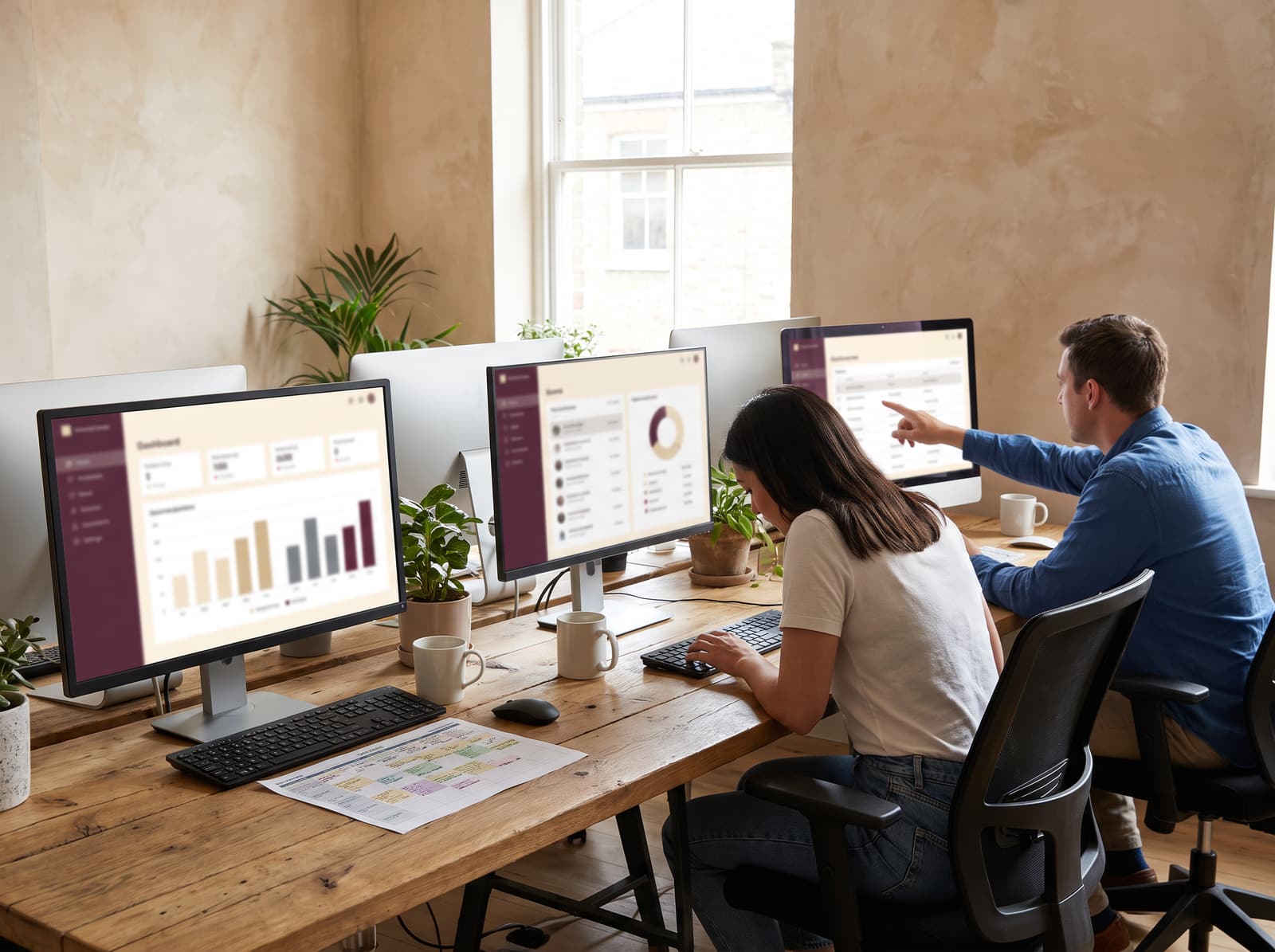 Two people working across monitors showing operational dashboards