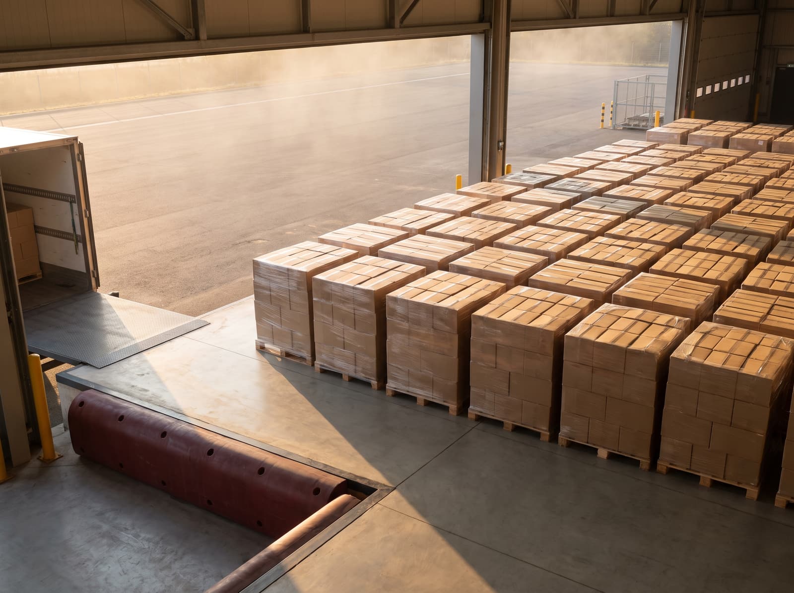 Wrapped pallets of kraft cartons lined up at a loading bay