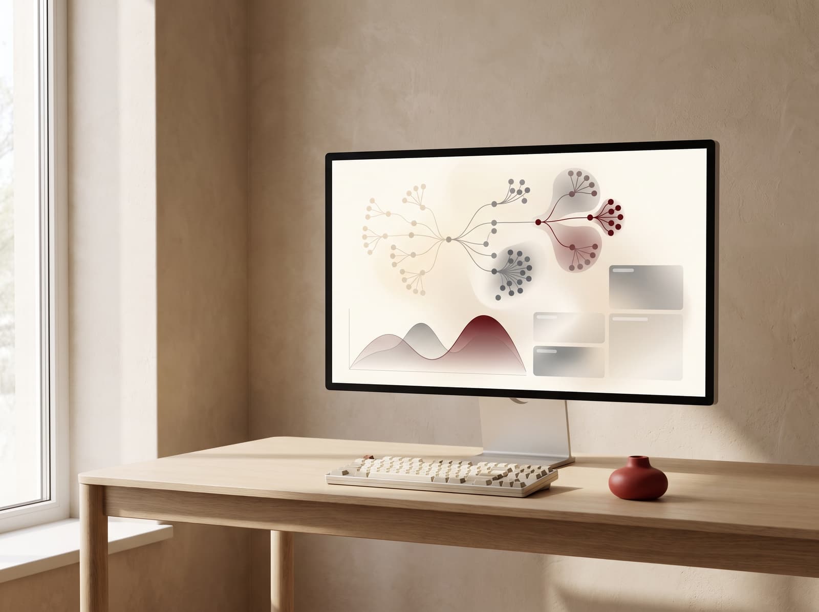 A monitor showing an abstract node and probability visualisation in warm tones