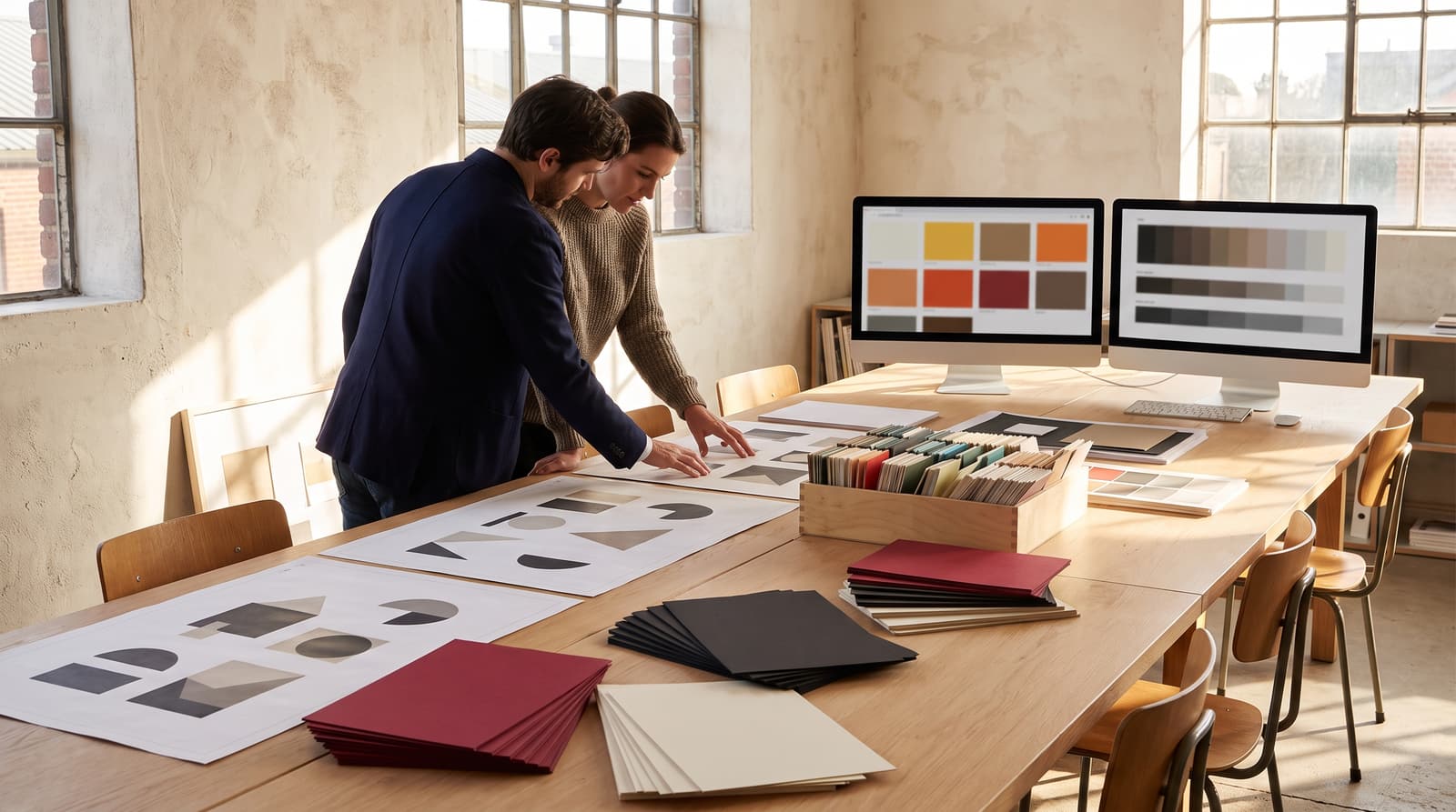 A brand studio table with logo mark studies, card stock and screens showing a style grid