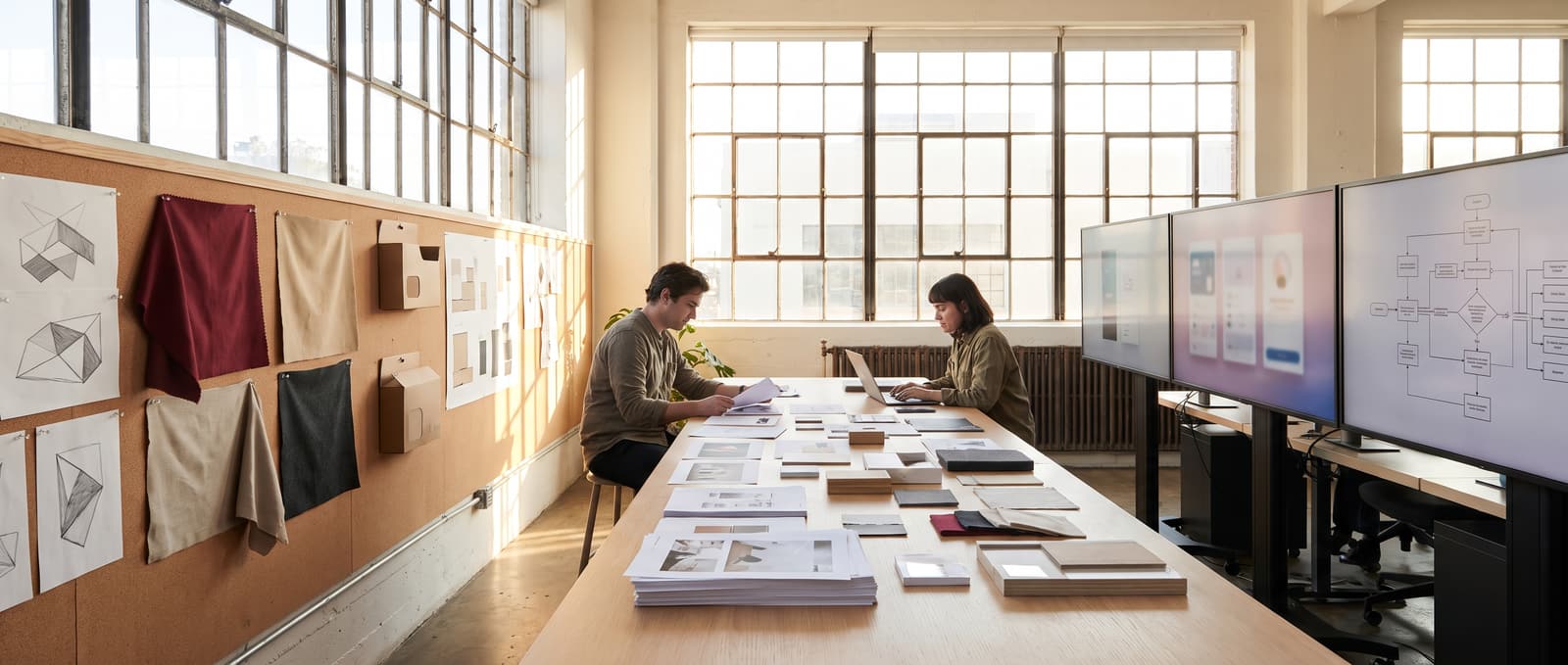 A studio with brand identity work pinned along one wall and interface layouts on monitors along the other
