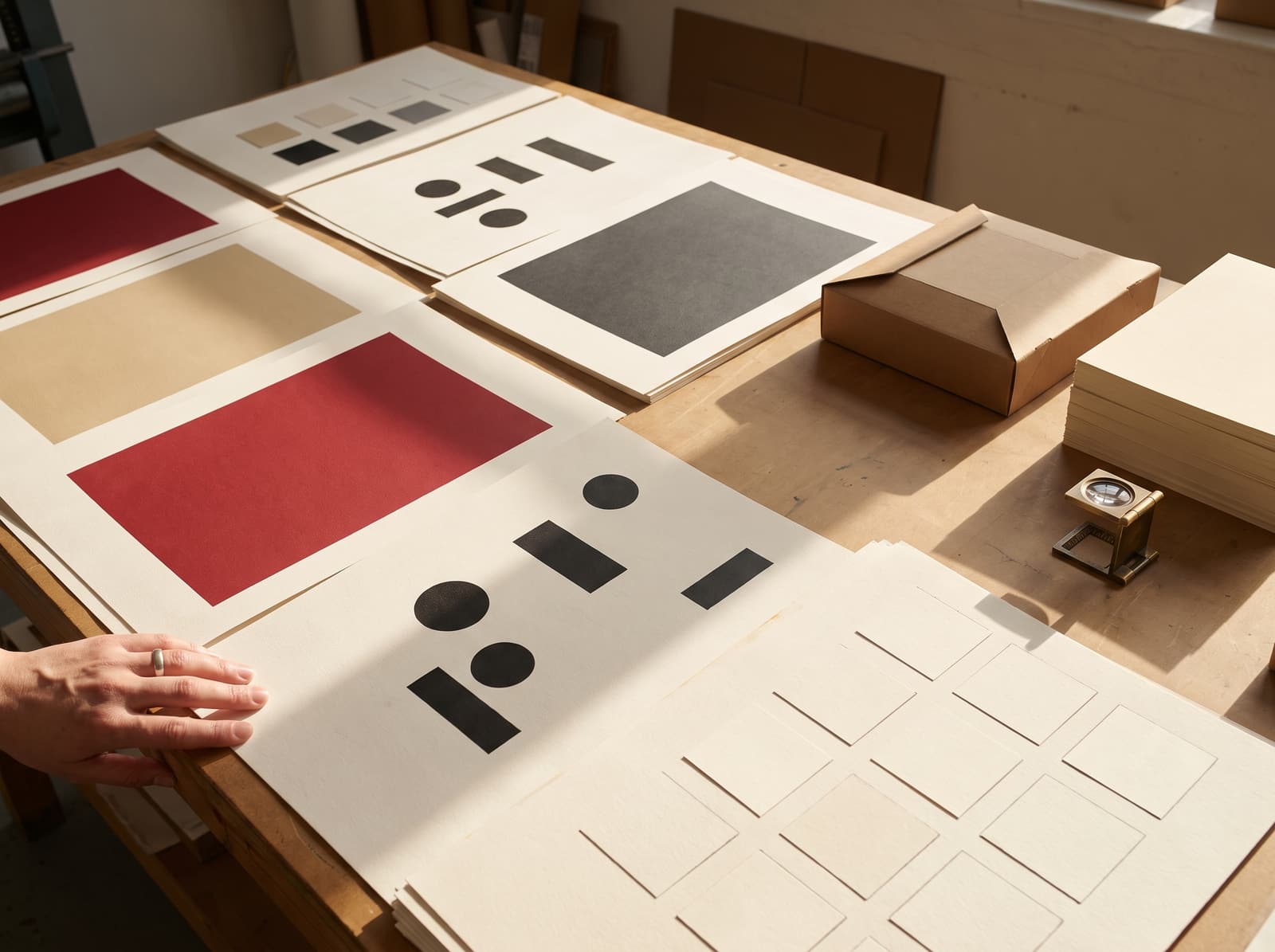 A press-check table with printed identity sheets, a carton mock-up and paper samples