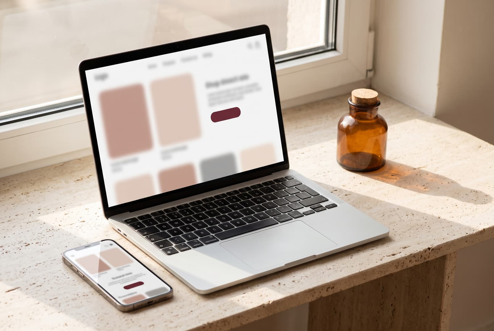 A laptop and phone showing a minimal storefront interface on travertine