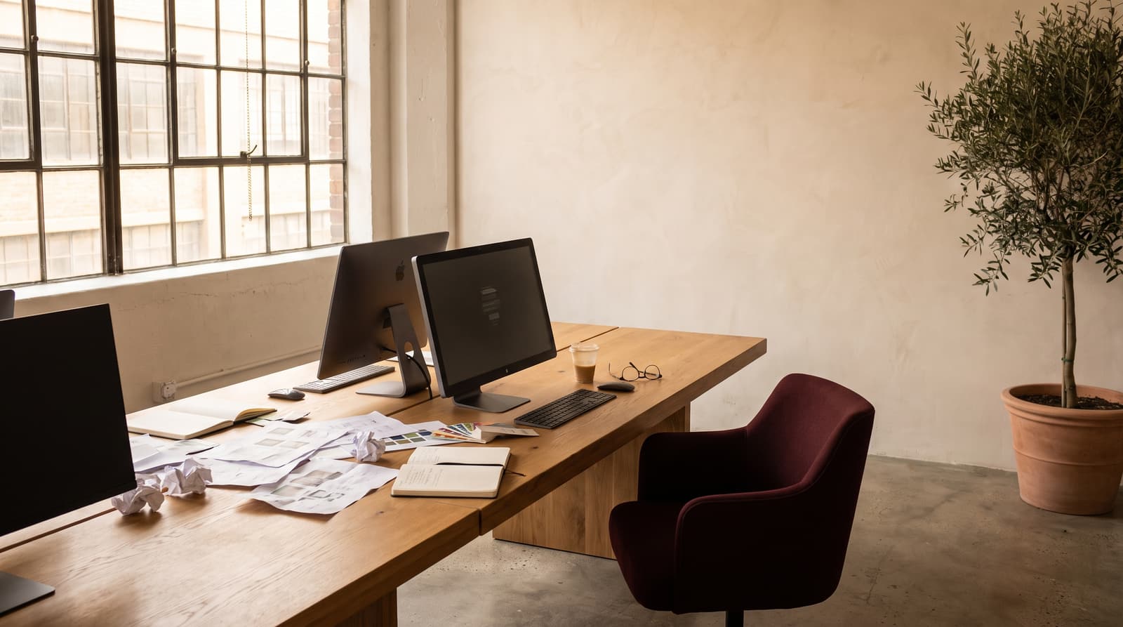 A calm design studio with an oak table, screens and a burgundy chair