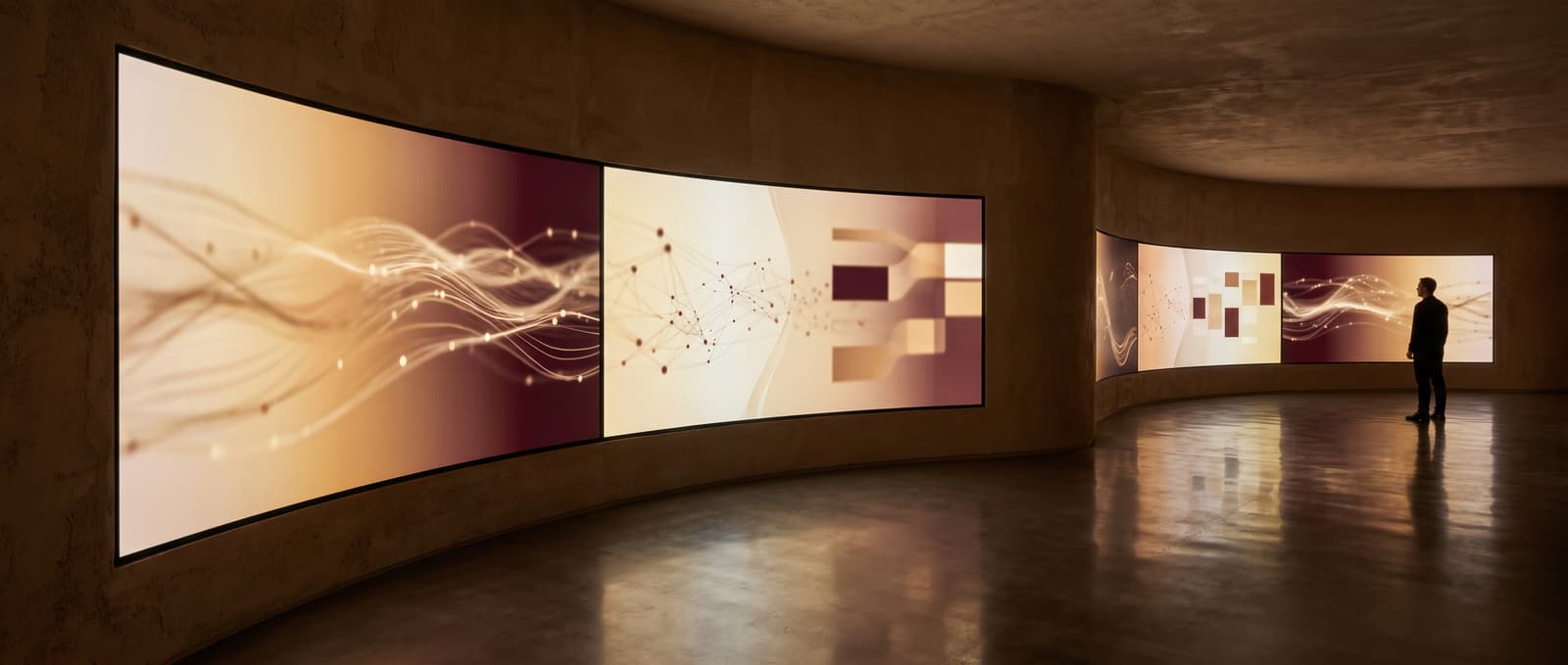A curved wall of displays showing abstract data visualisation in a warm operations room